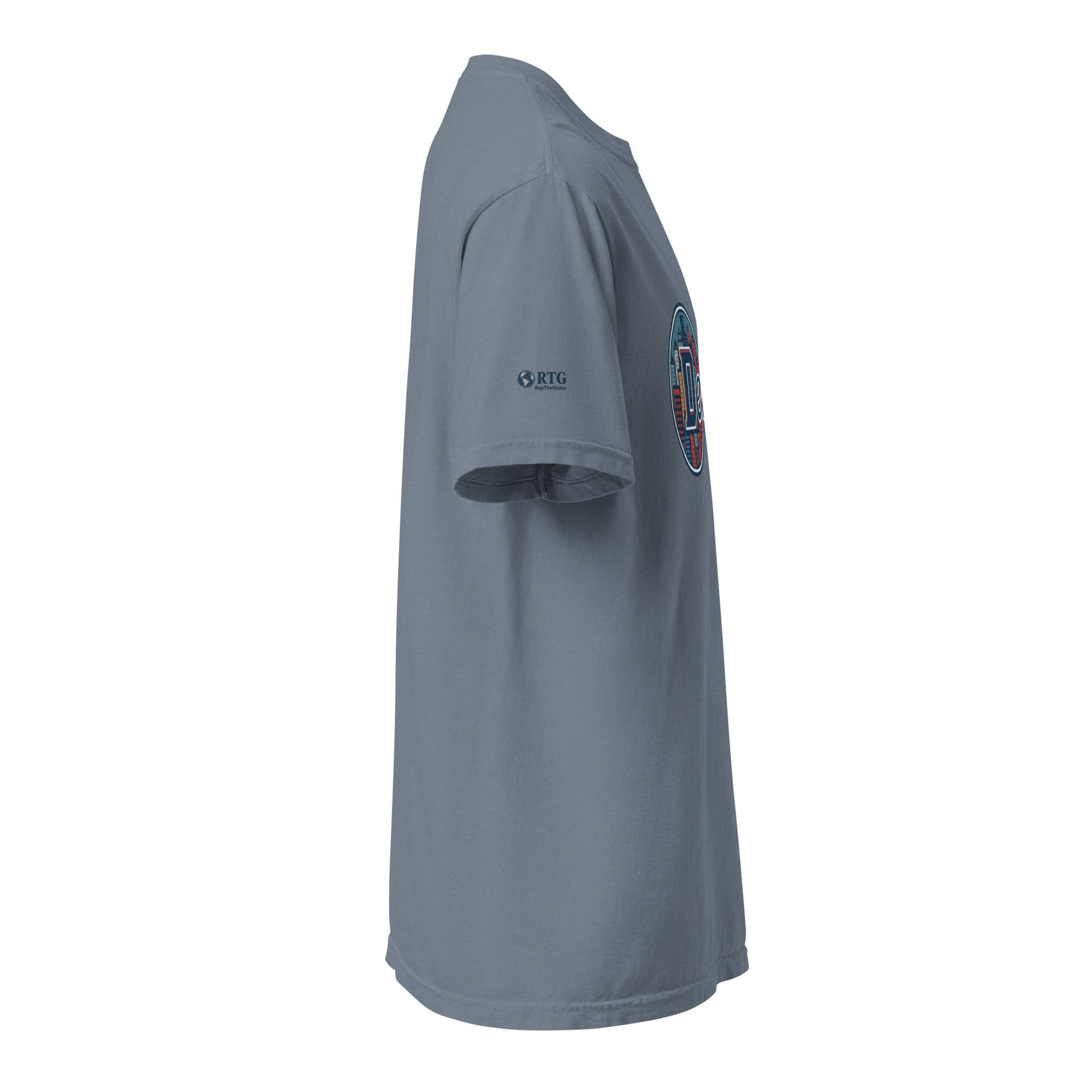 Side view of Detroit-Unisex garment-dyed heavyweight t-shirt in gray, made of 100% ring-spun cotton with relaxed fit and durable double-needle stitching