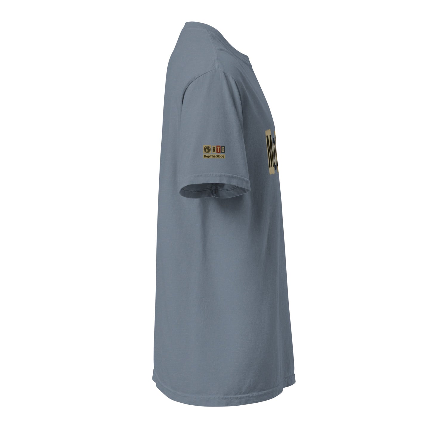 Side view of Mobile-Unisex garment-dyed heavyweight t-shirt in blue, made of 100% ring-spun cotton with relaxed fit and durable double-needle stitching