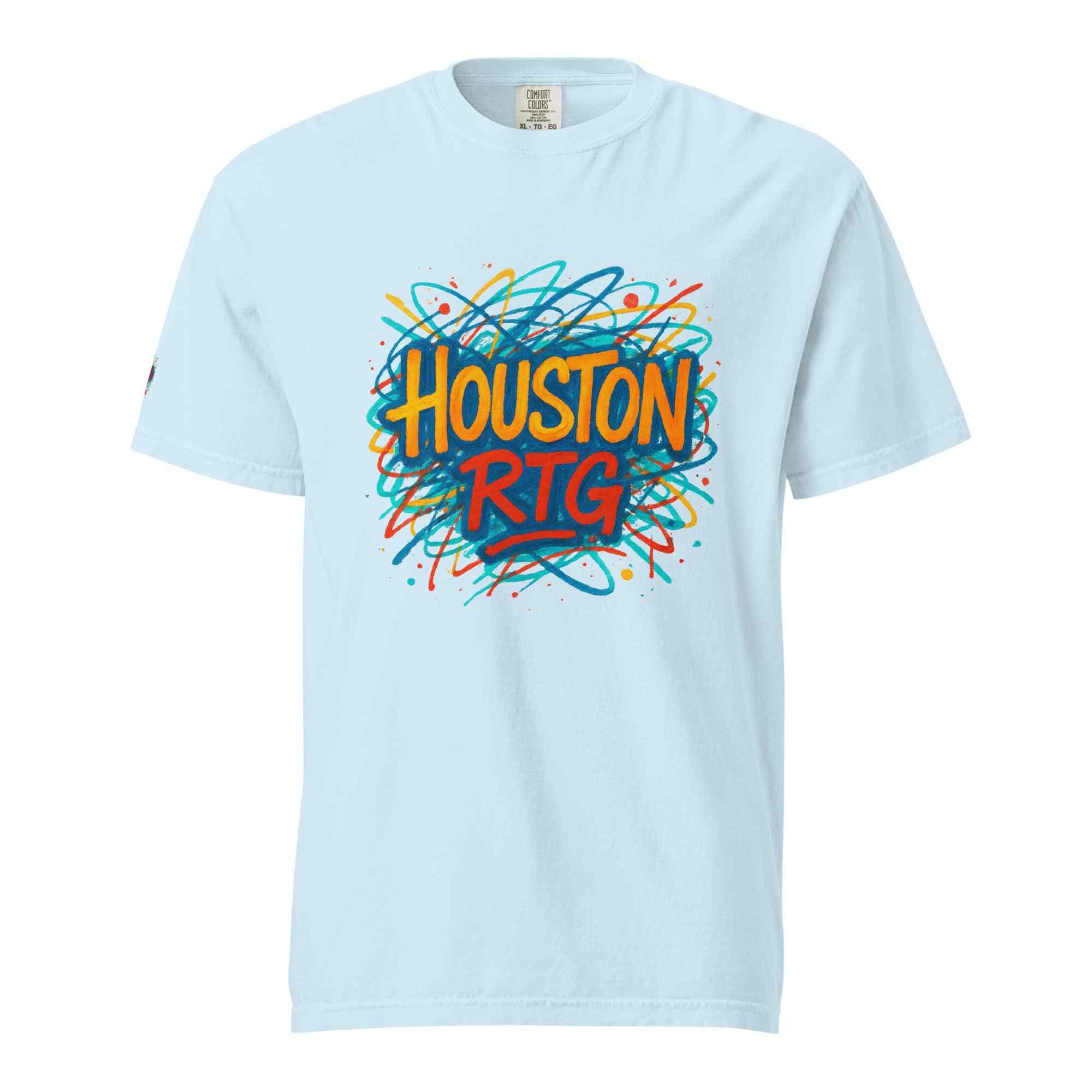 Houston-Unisex garment-dyed heavyweight t-shirt in light blue with colorful Houston RTG graphic, made of 100% ring-spun cotton, relaxed fit, double-needle stitching, breathable and durable design