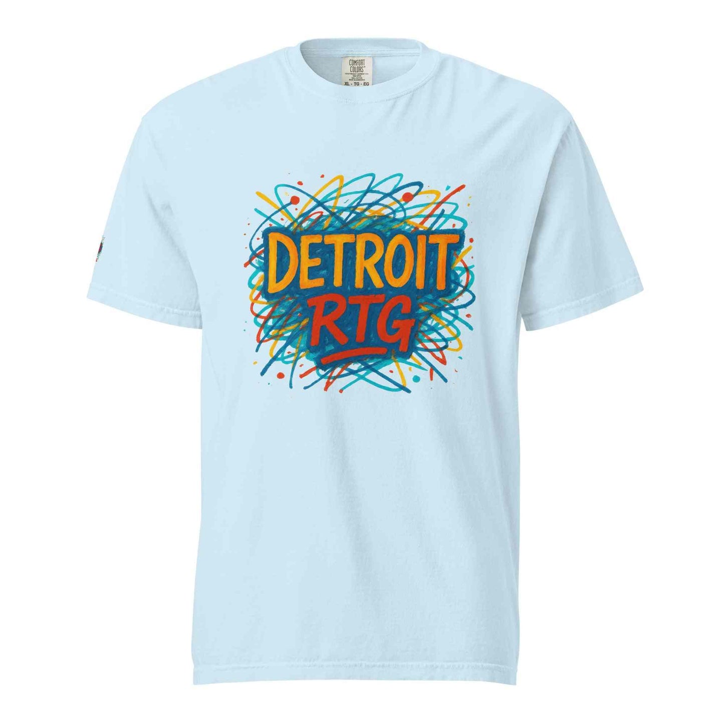 Detroit-Unisex garment-dyed heavyweight t-shirt with colorful Detroit RTG graphic on light blue fabric, 100% cotton, relaxed fit