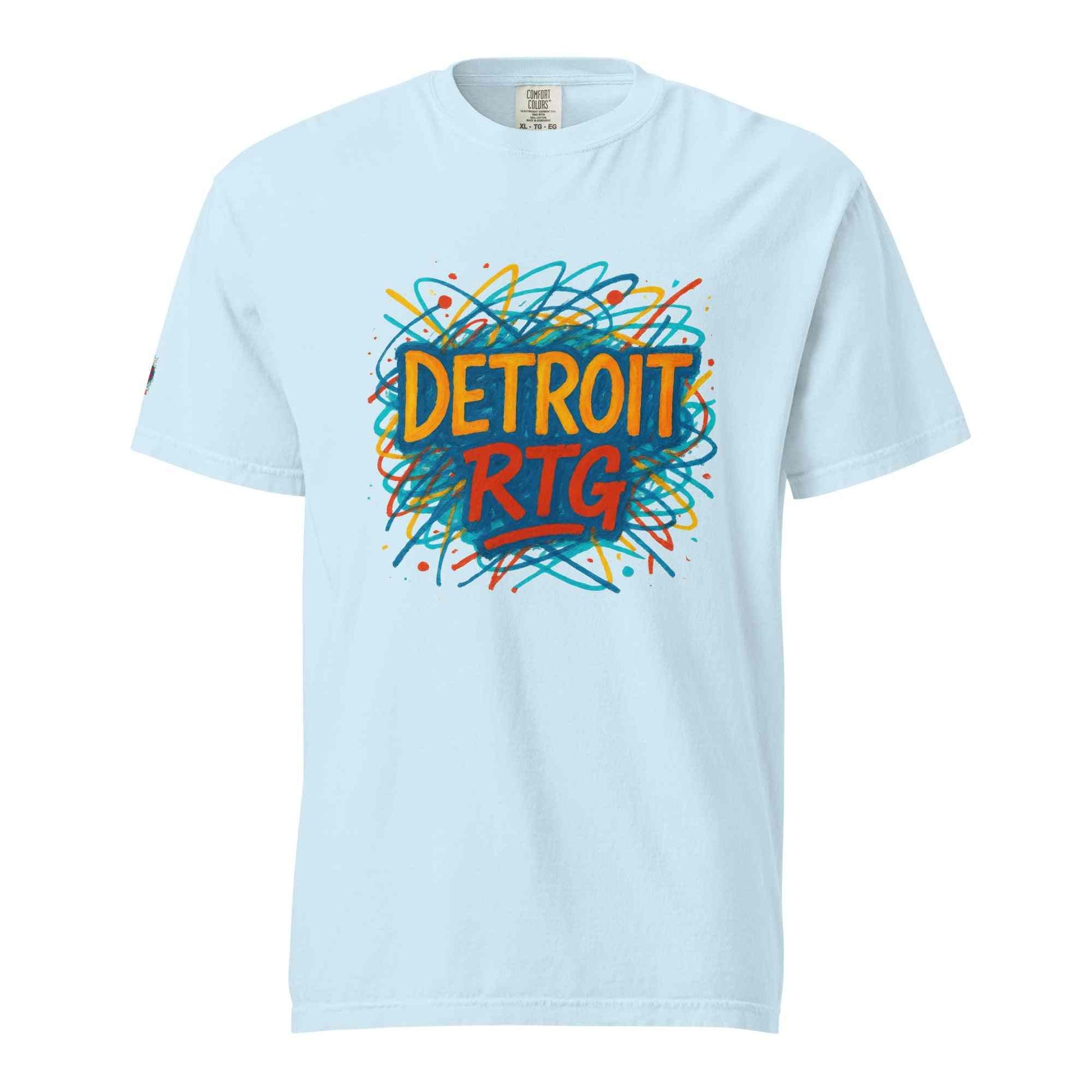 Detroit-Unisex garment-dyed heavyweight t-shirt with colorful Detroit RTG graphic on light blue fabric, 100% cotton, relaxed fit