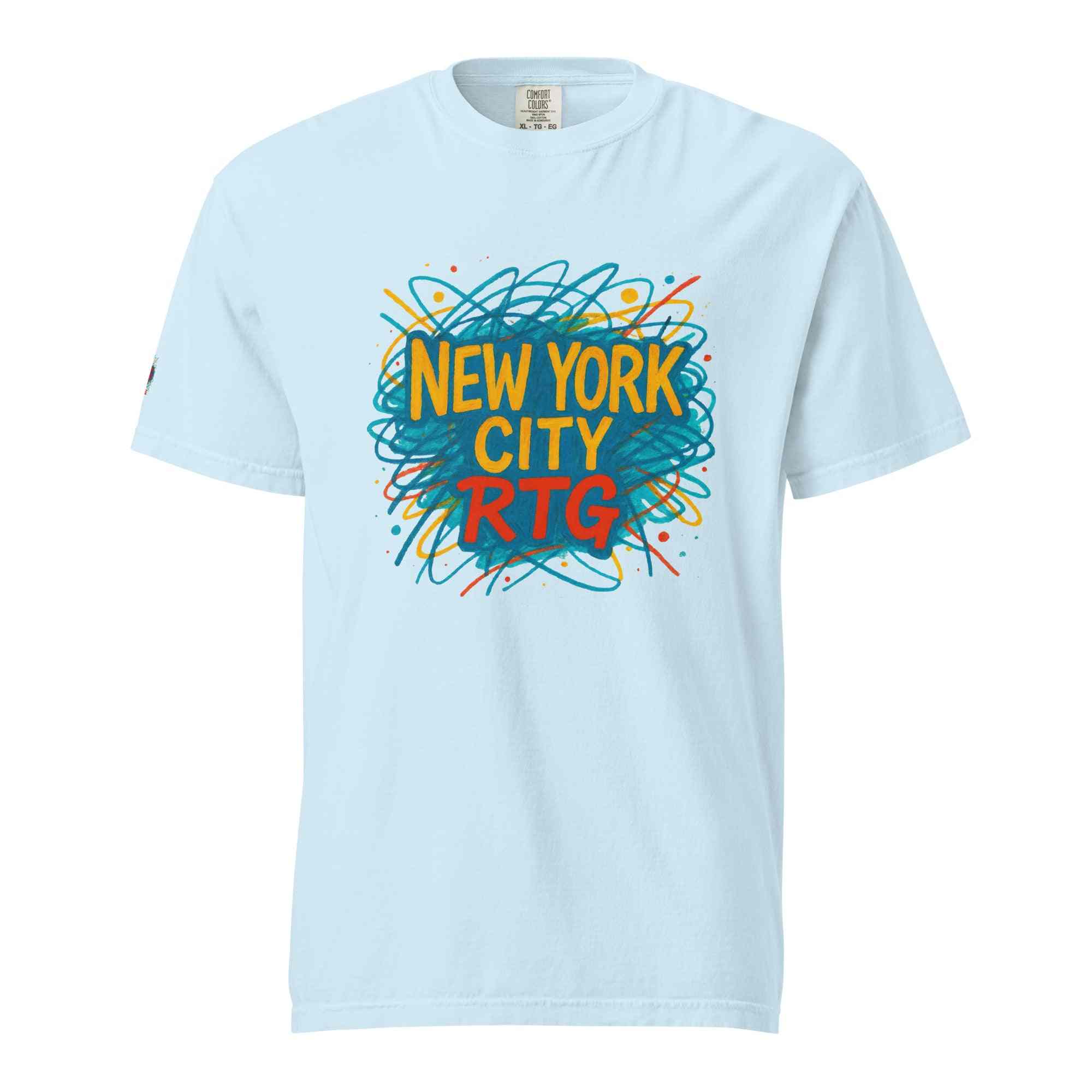 Light blue New York City-Unisex garment-dyed heavyweight t-shirt with colorful abstract graphic and text design