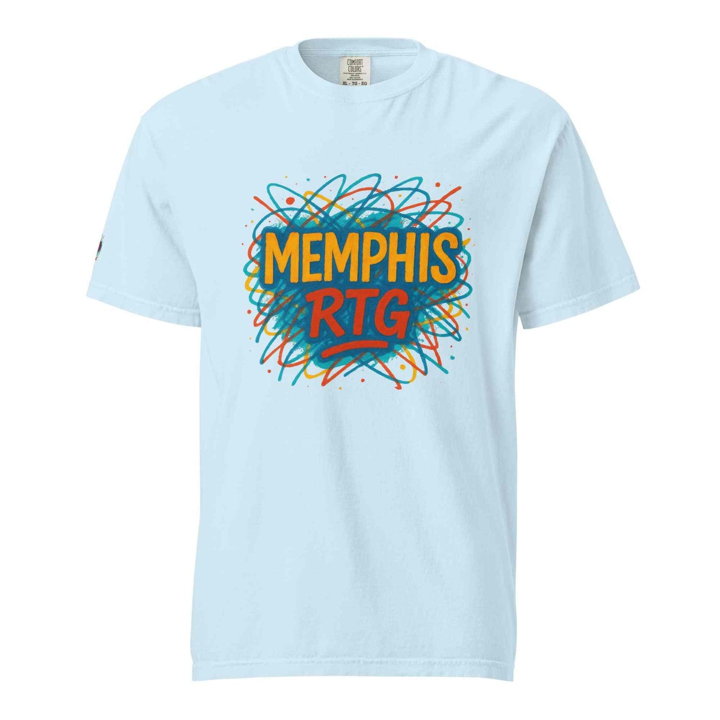 Unisex garment-dyed heavyweight t-shirt in light blue with colorful Memphis RTG graphic design