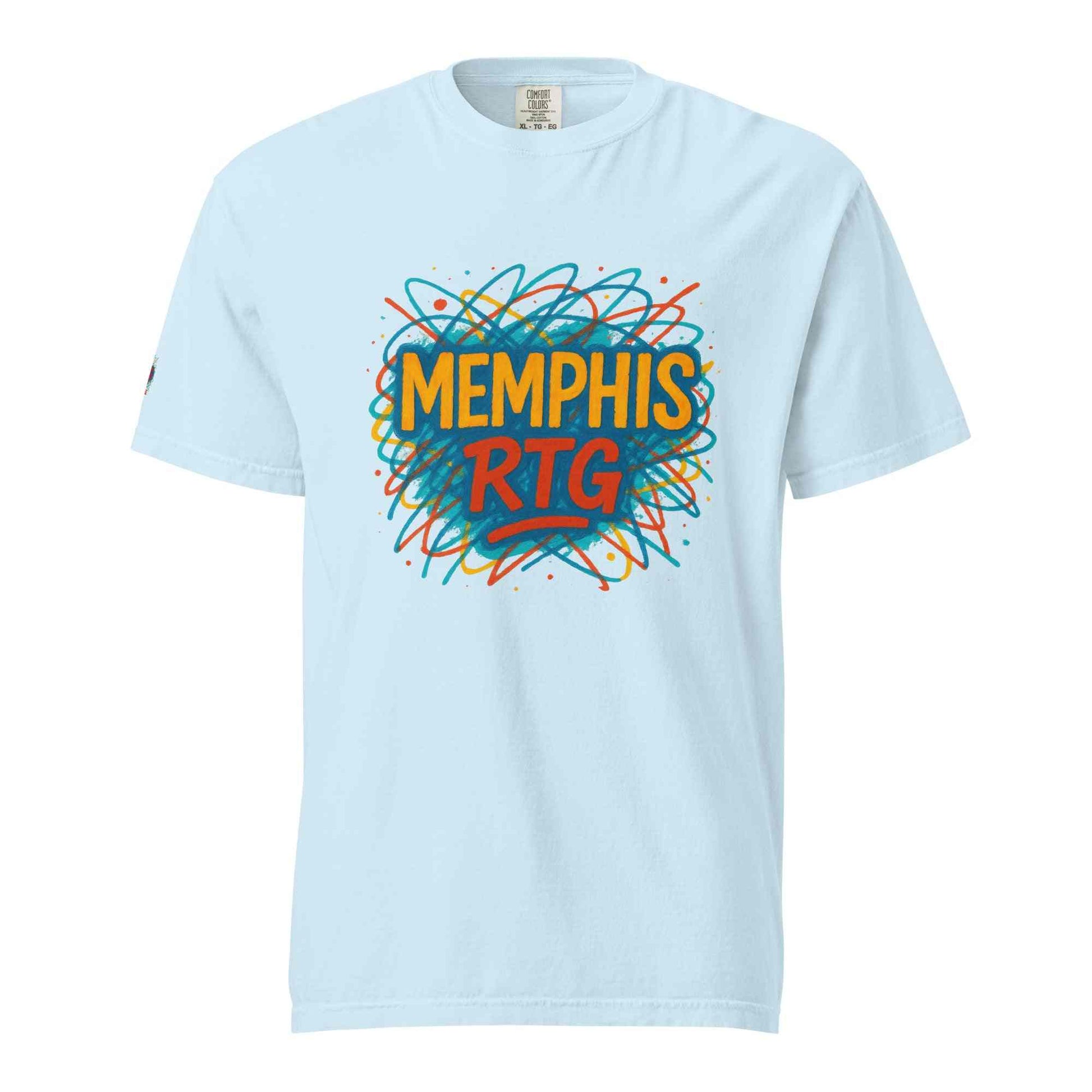 Unisex garment-dyed heavyweight t-shirt in light blue with colorful Memphis RTG graphic design