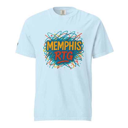 Unisex garment-dyed heavyweight t-shirt in light blue with colorful Memphis RTG graphic design