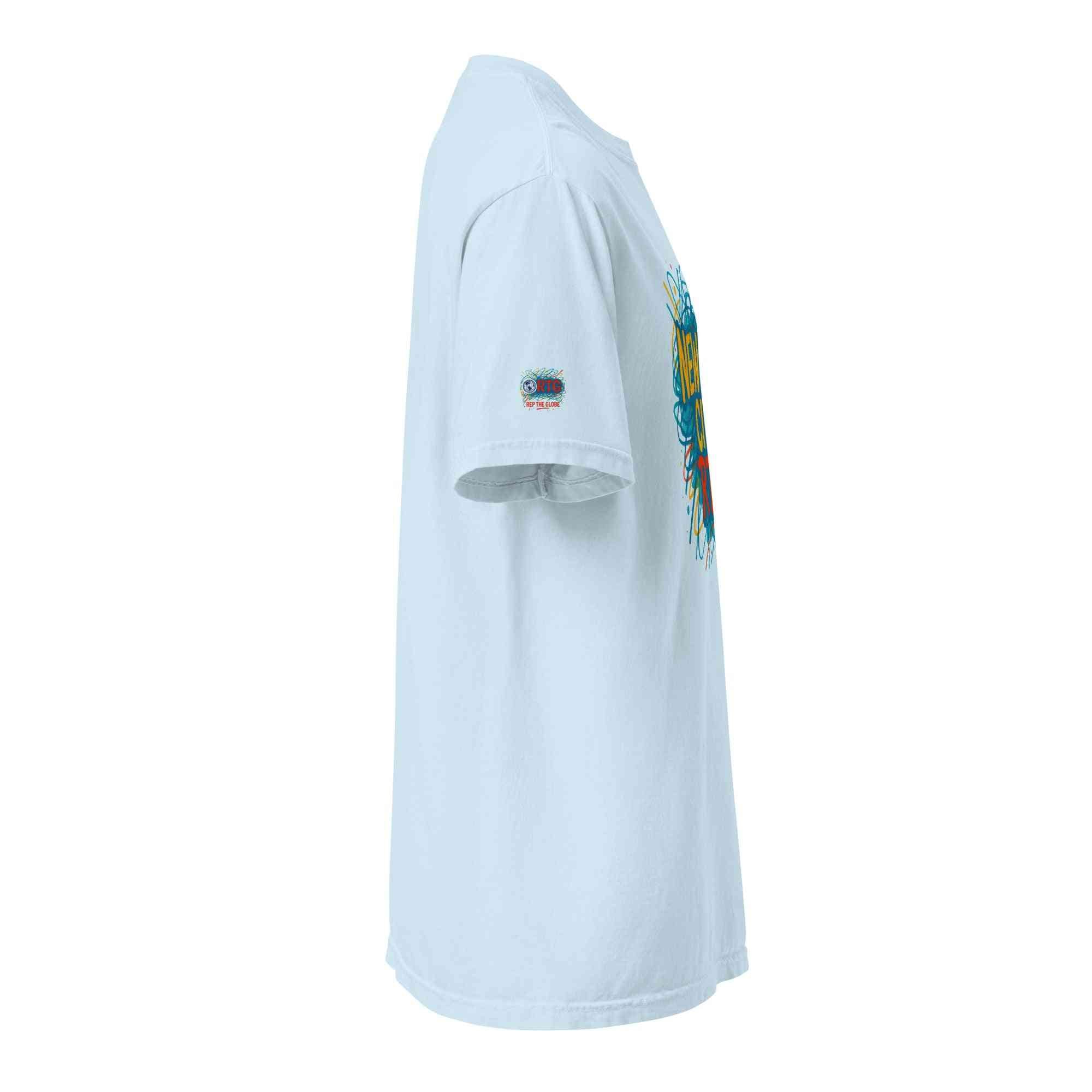 Side view of light blue New York City-Unisex garment-dyed heavyweight t-shirt made from 100% ring-spun cotton