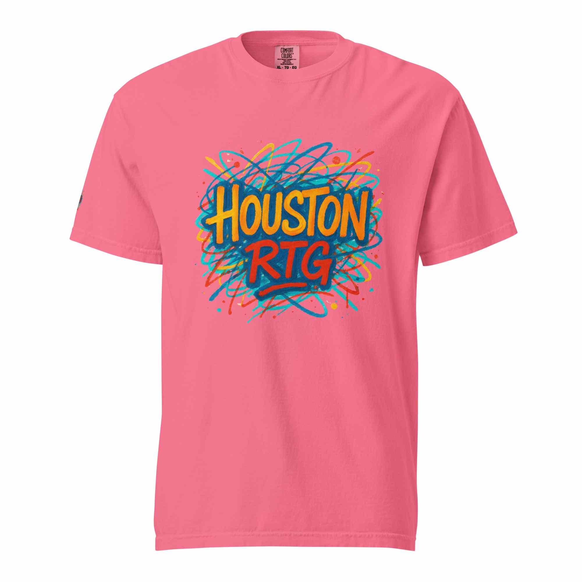 Houston-Unisex garment-dyed heavyweight pink t-shirt with graffiti-style Houston RTG design, 100% ring-spun cotton, breathable and durable