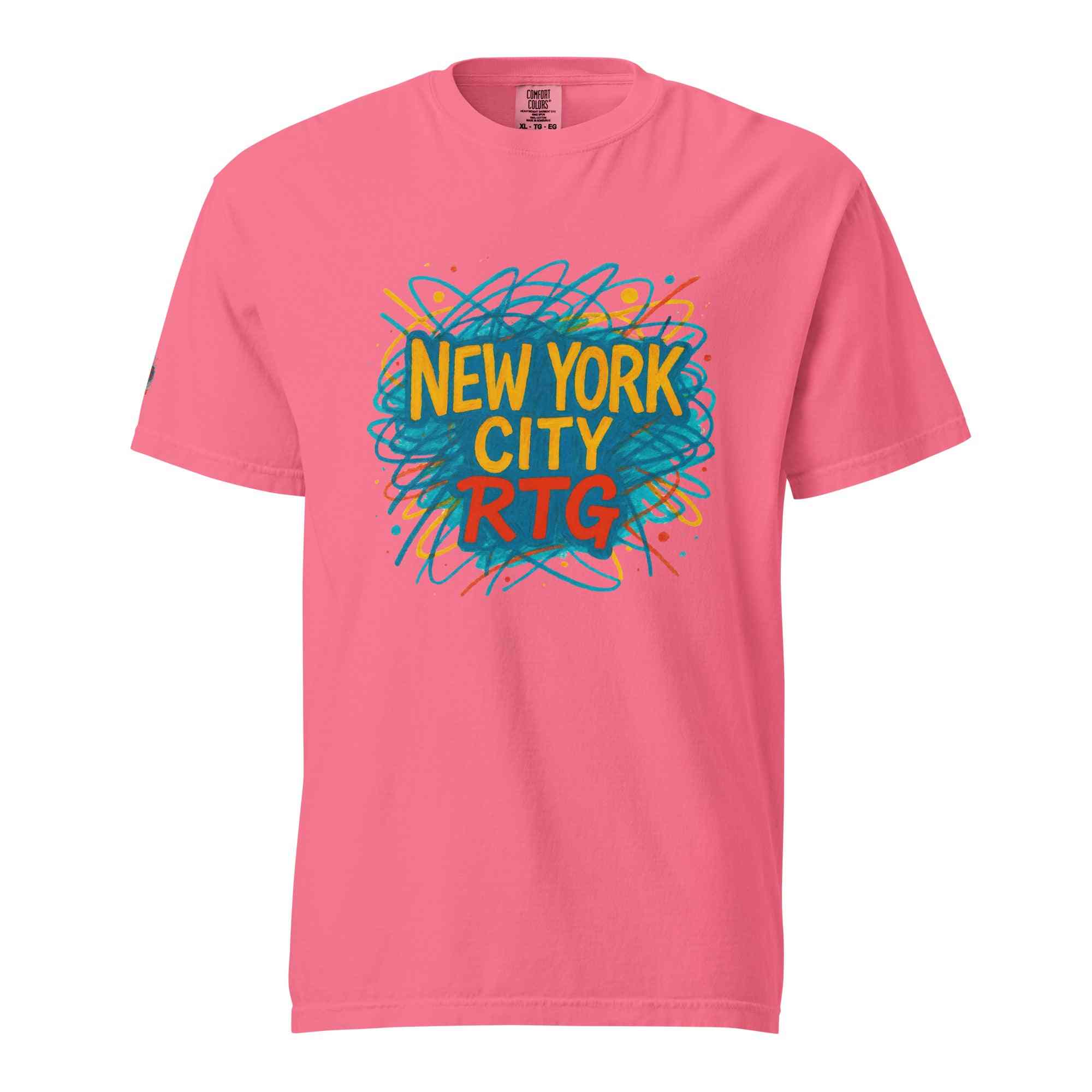 New York City-Unisex garment-dyed heavyweight pink t-shirt with colorful graphic print
