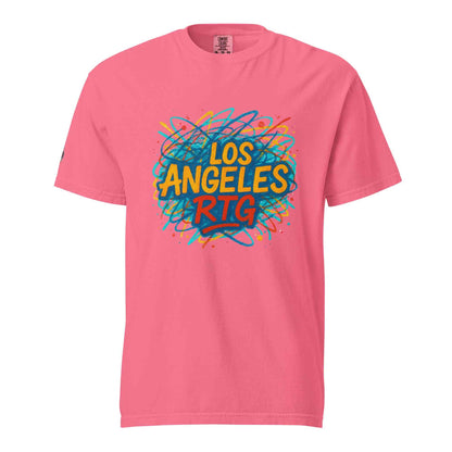 Los Angeles-Unisex garment-dyed heavyweight pink t-shirt with colorful graphic print, 100% ring-spun cotton, relaxed fit