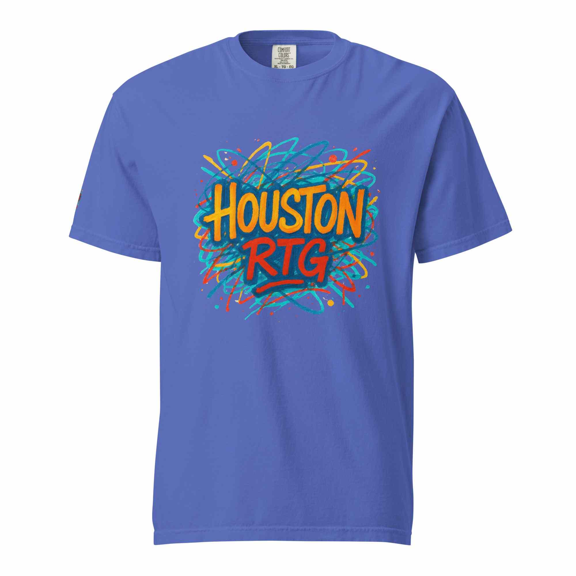 Houston-Unisex garment-dyed heavyweight purple t-shirt with colorful graphic print and relaxed fit