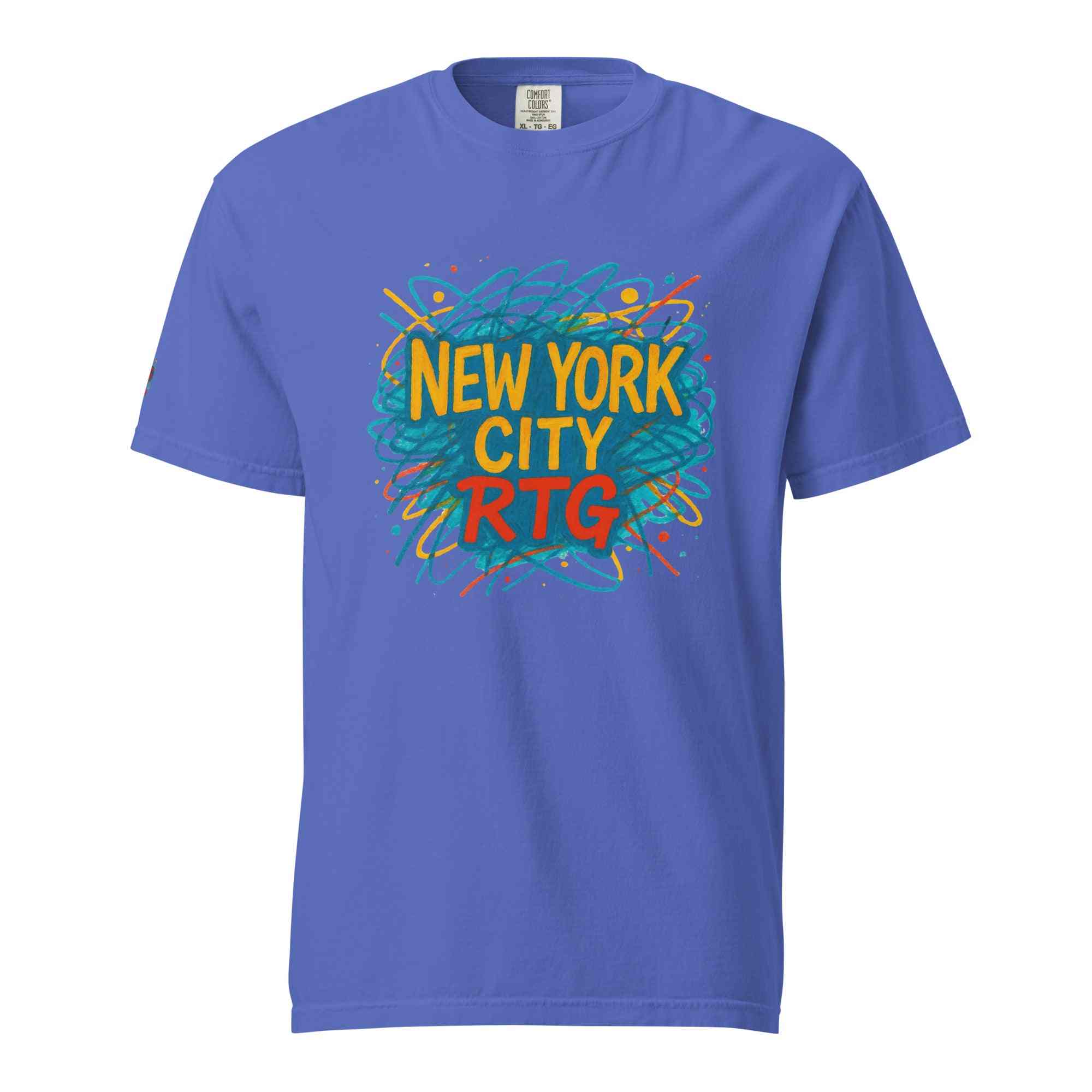 New York City-Unisex garment-dyed heavyweight t-shirt in blue with colorful graphic print and relaxed fit