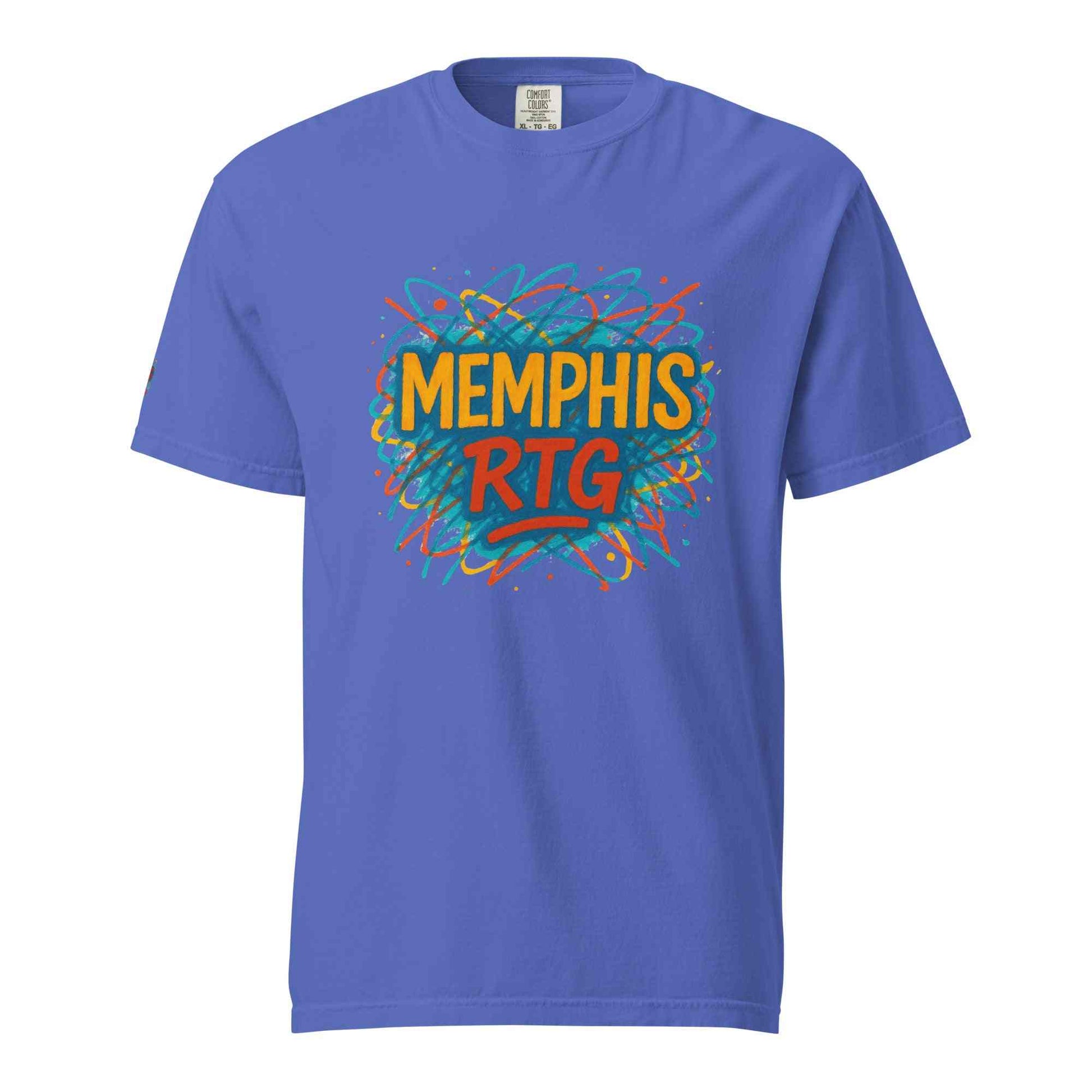 unisex garment-dyed heavyweight t-shirt with colorful Memphis RTG graphic on front