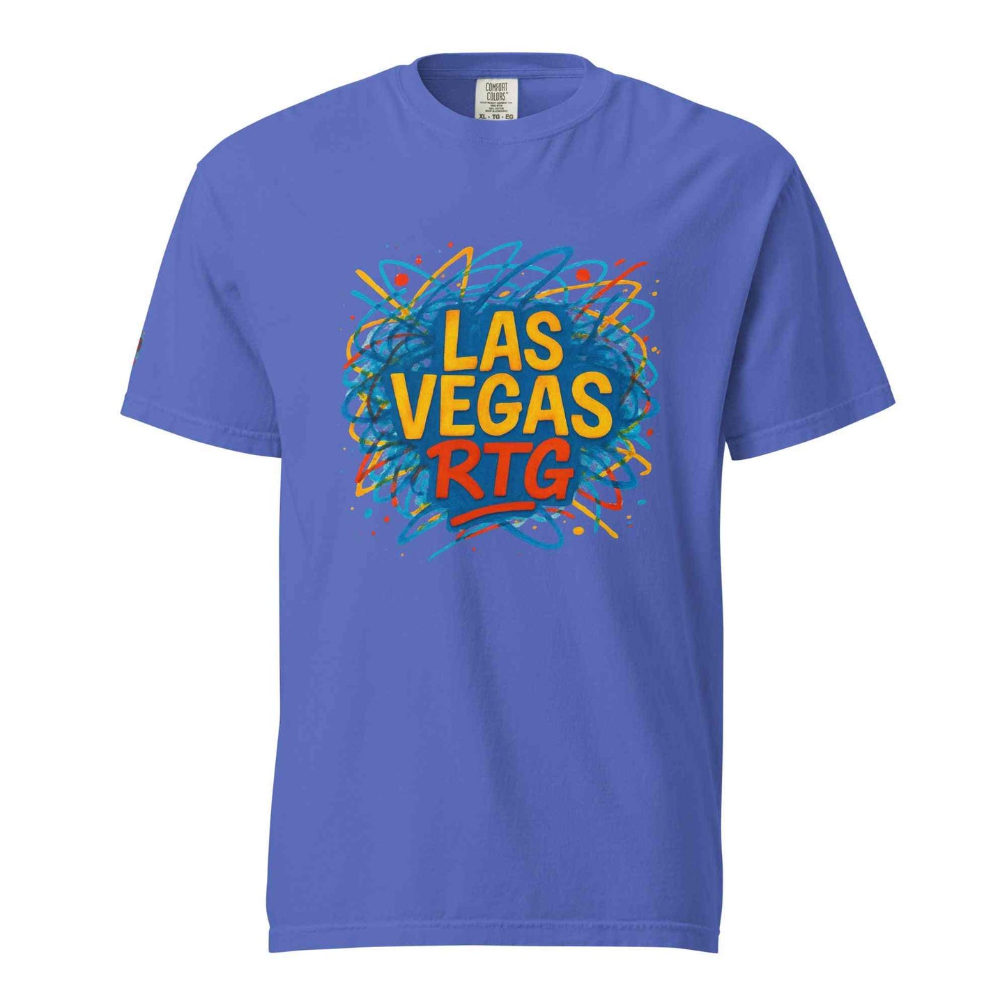 Los Vegas-Unisex garment-dyed heavyweight blue t-shirt with colorful graphic print, 100% cotton, relaxed fit