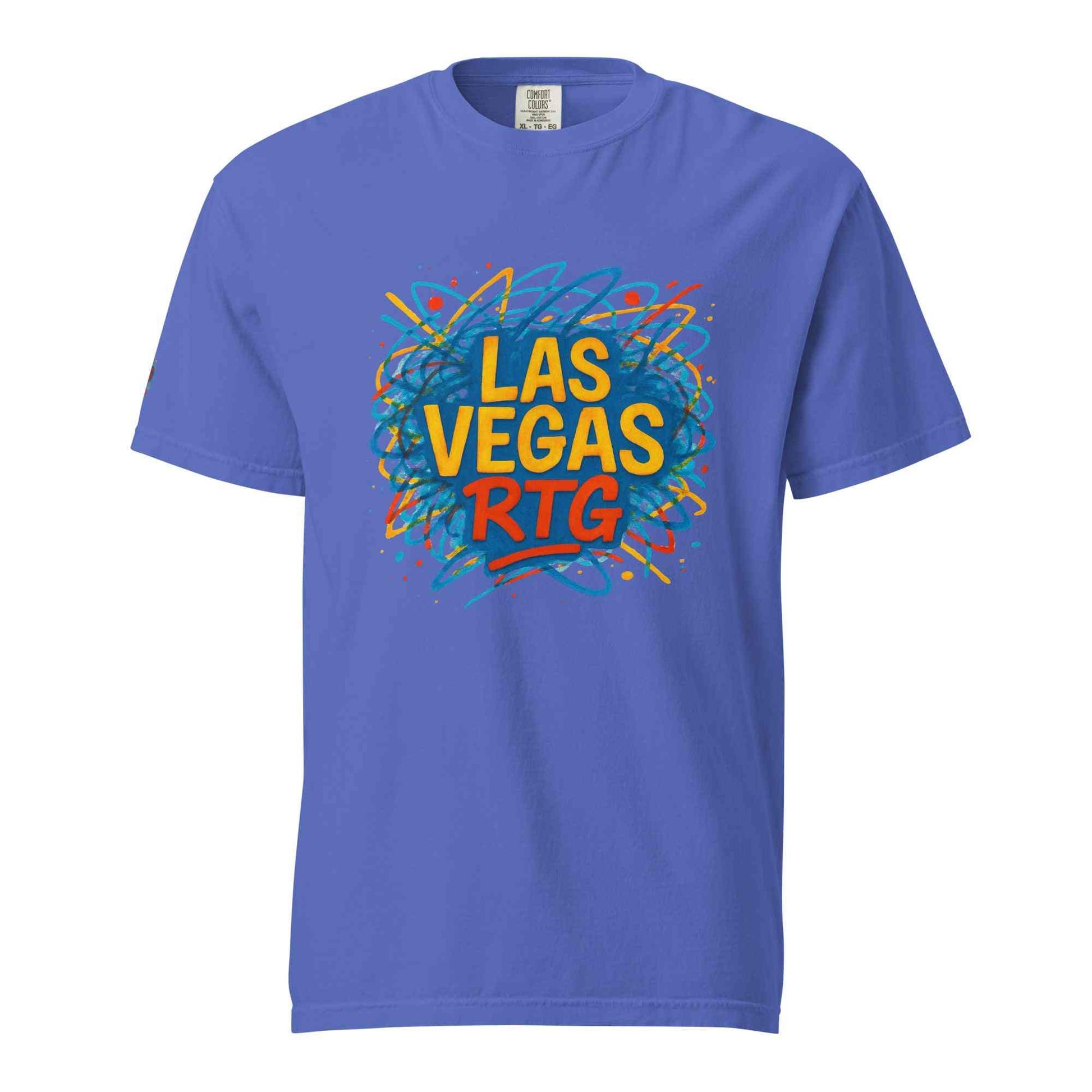 Los Vegas-Unisex garment-dyed heavyweight blue t-shirt with colorful graphic print, 100% cotton, relaxed fit