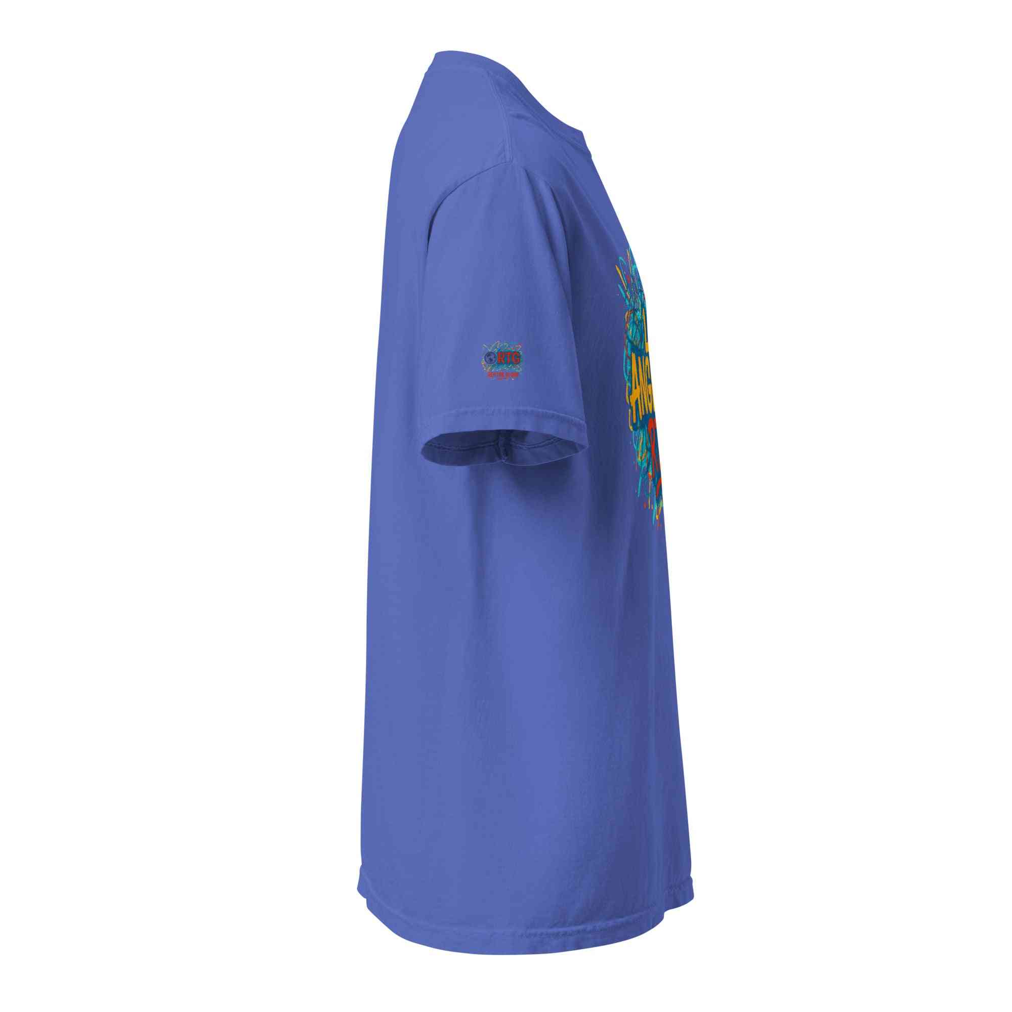 Side view of blue Los Angeles-Unisex garment-dyed heavyweight t-shirt made of 100% ring-spun cotton with relaxed fit and durable double-needle stitching