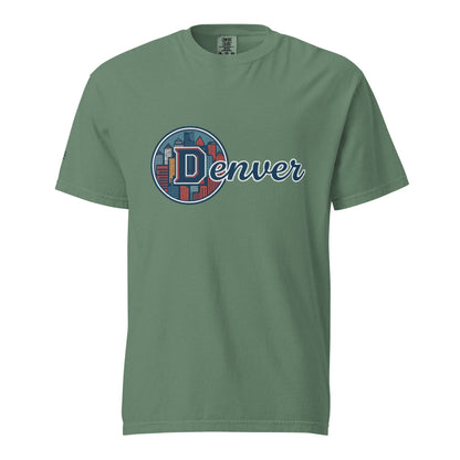 Denver-Unisex garment-dyed heavyweight green t-shirt with city skyline graphic and Denver text