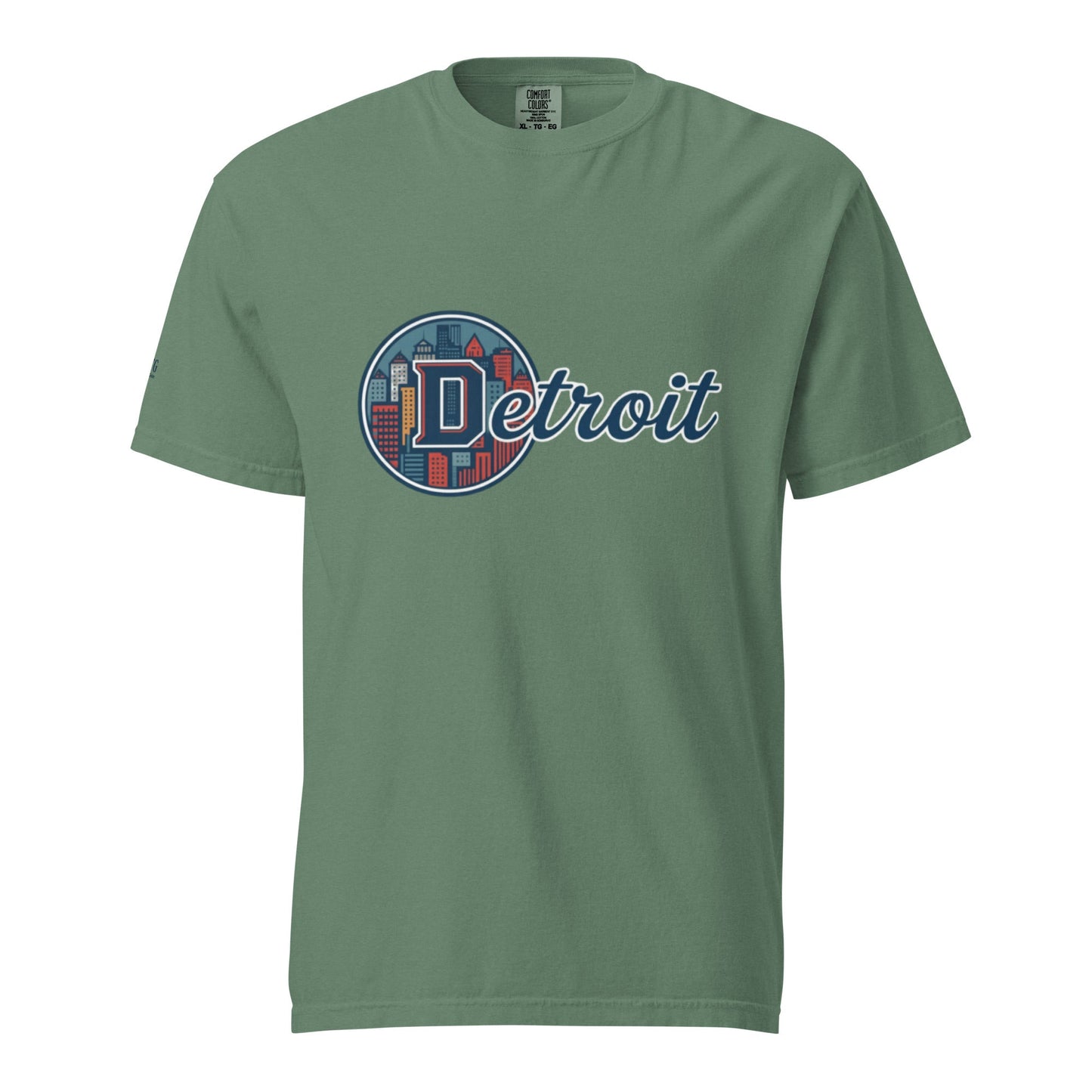 Detroit-Unisex garment-dyed heavyweight t-shirt in green with Detroit city graphic, 100% cotton, soft and breathable design