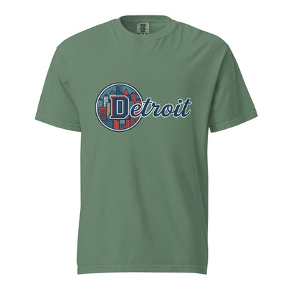 Detroit-Unisex garment-dyed heavyweight t-shirt in green with Detroit city graphic, 100% cotton, soft and breathable design