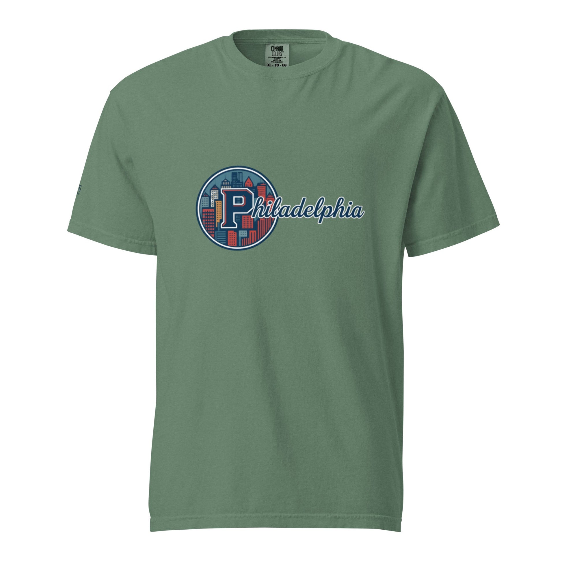 Philadelphia-Unisex garment-dyed heavyweight t-shirt in green with cityscape logo, 100% ring-spun cotton, breathable and durable design