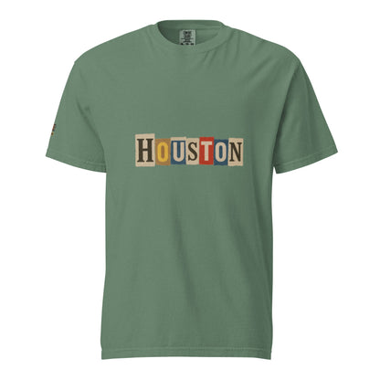 Houston-Unisex garment-dyed heavyweight t-shirt in muted green with multi-color Houston text, 100% ring-spun cotton, relaxed fit