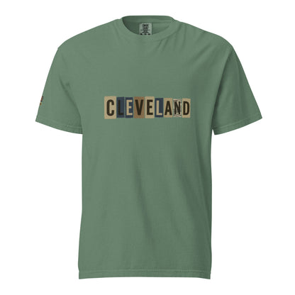 Cleveland-Unisex garment-dyed heavyweight t-shirt in green with block letter print, 100% ring-spun cotton, relaxed fit.