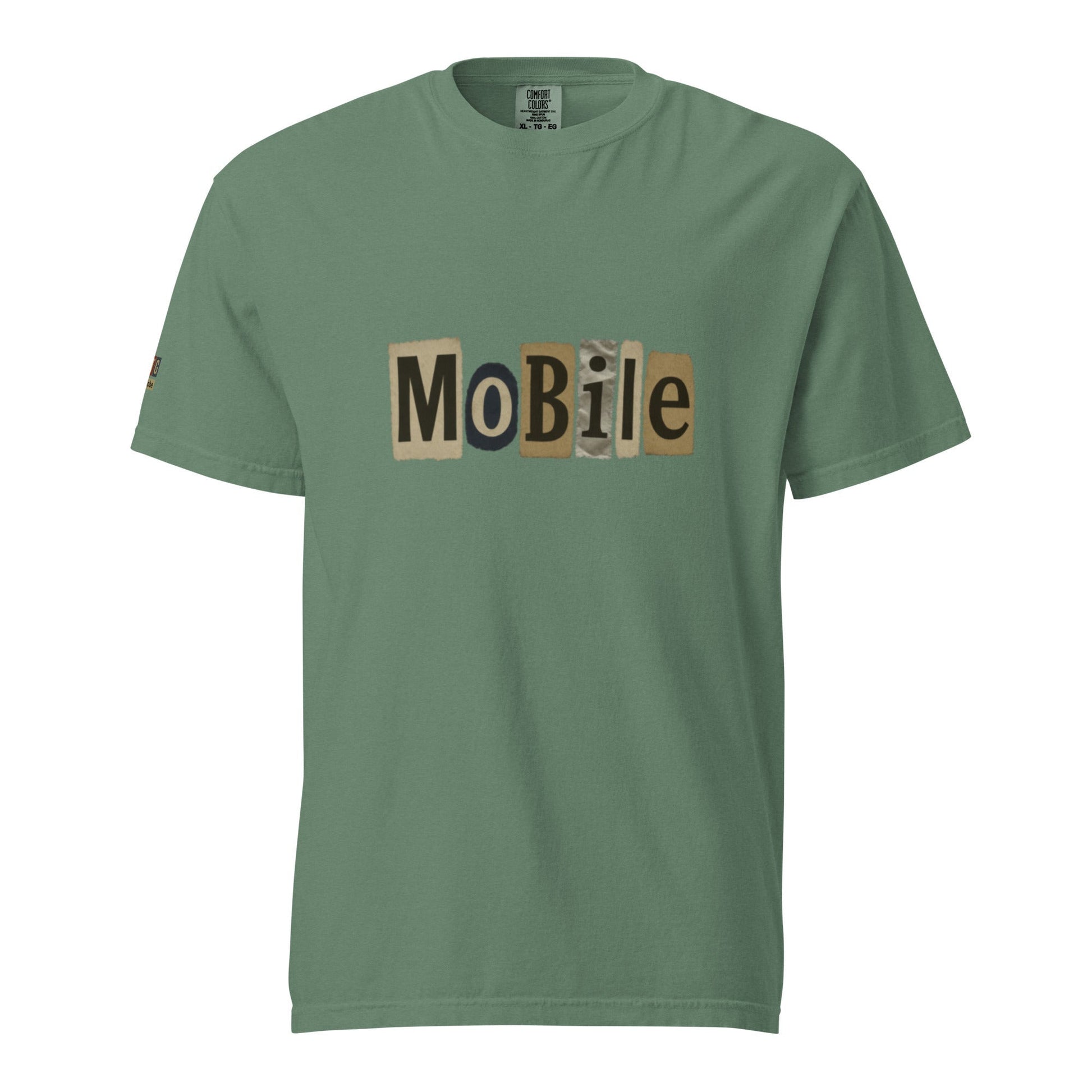 Green Mobile-Unisex garment-dyed heavyweight t-shirt with a relaxed fit and printed "Mobile" text on the front.