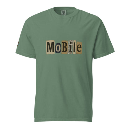 Green Mobile-Unisex garment-dyed heavyweight t-shirt with a relaxed fit and printed "Mobile" text on the front.