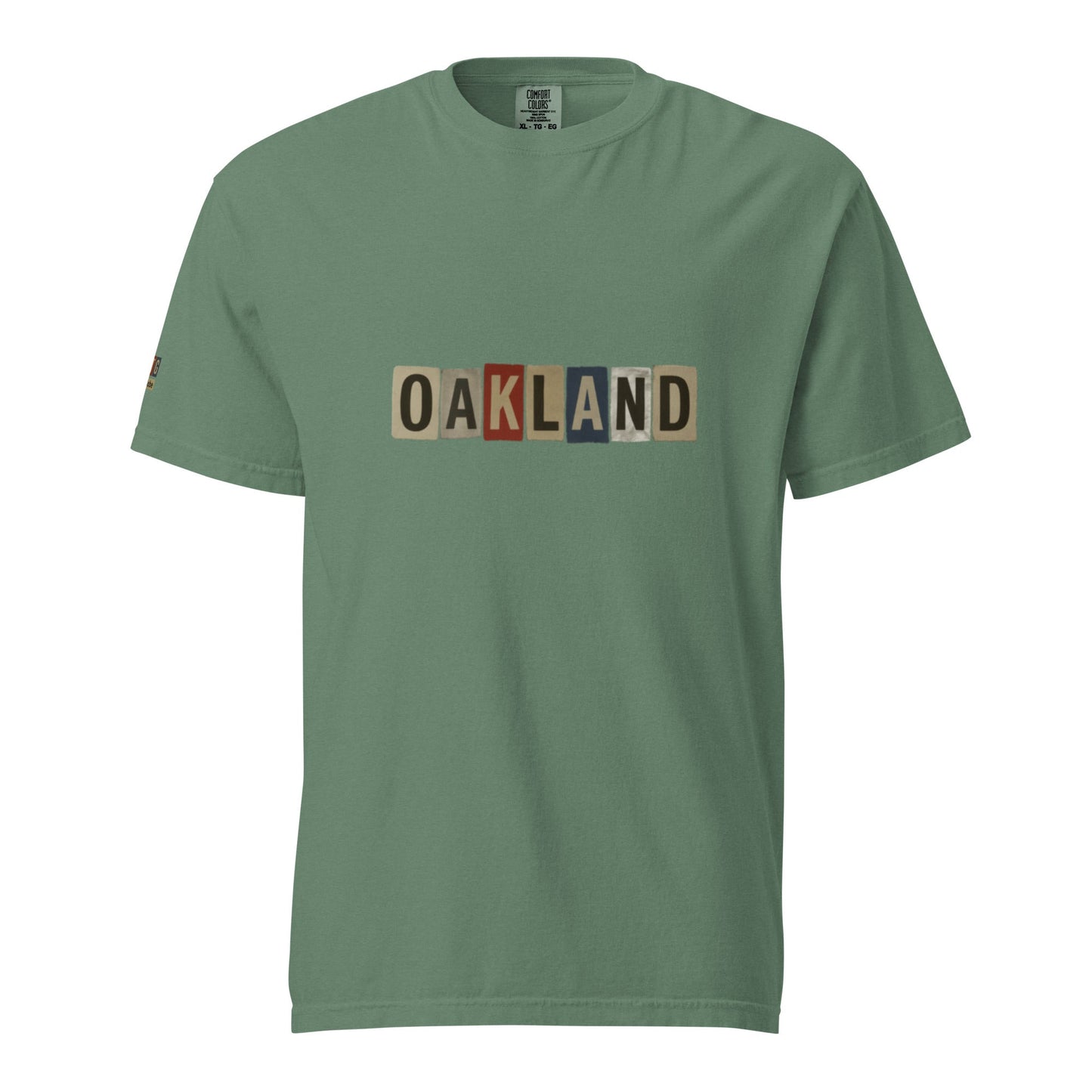 Oakland-Unisex garment-dyed heavyweight green t-shirt with multicolor block lettering, 100% ring-spun cotton, relaxed fit