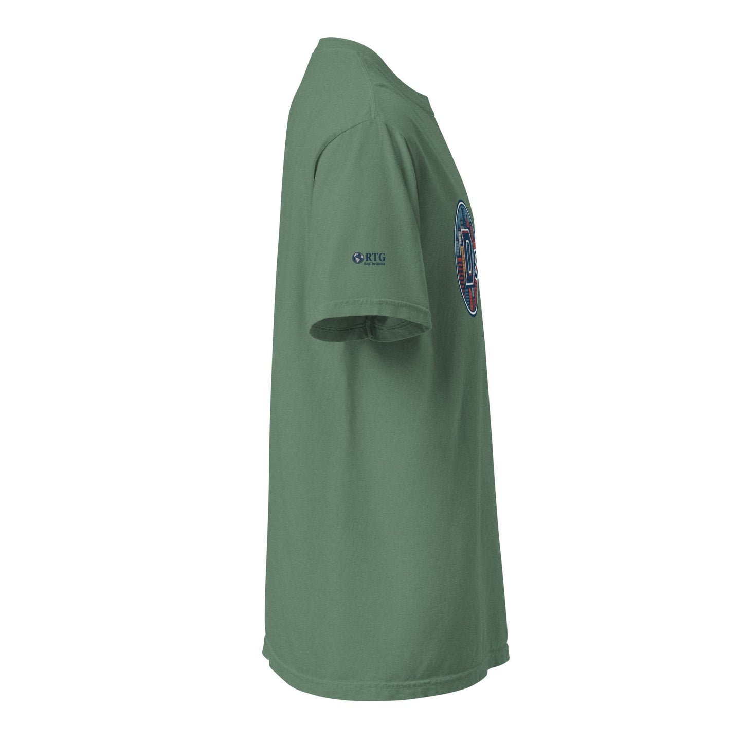 Side view of green Denver-Unisex garment-dyed heavyweight t-shirt with short sleeves and crew neck