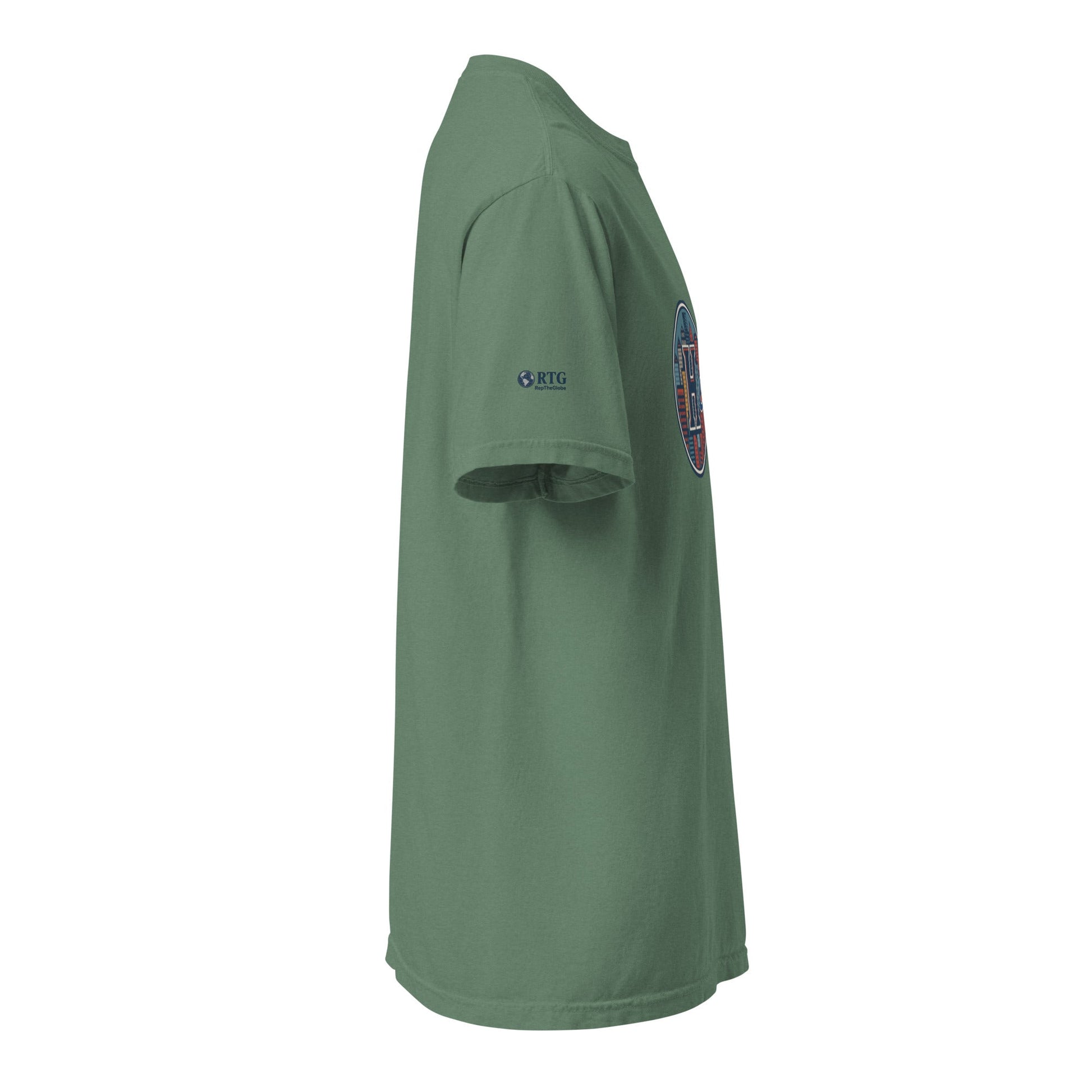 Houston-Unisex garment-dyed heavyweight green t-shirt side view with relaxed fit and durable stitching