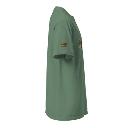 Richmond-Unisex garment-dyed heavyweight green t-shirt side view with logo patch on sleeve