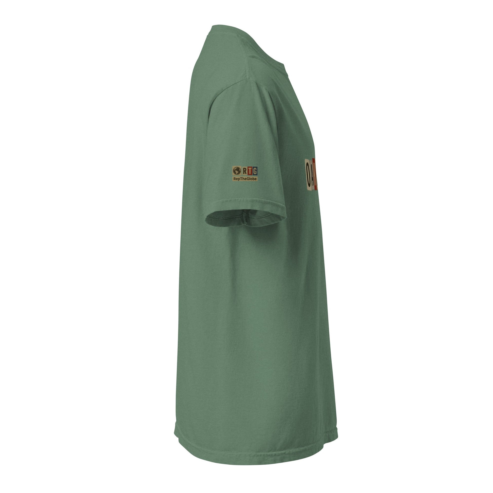 Oakland-Unisex garment-dyed heavyweight green t-shirt side view with logo on sleeve and chest
