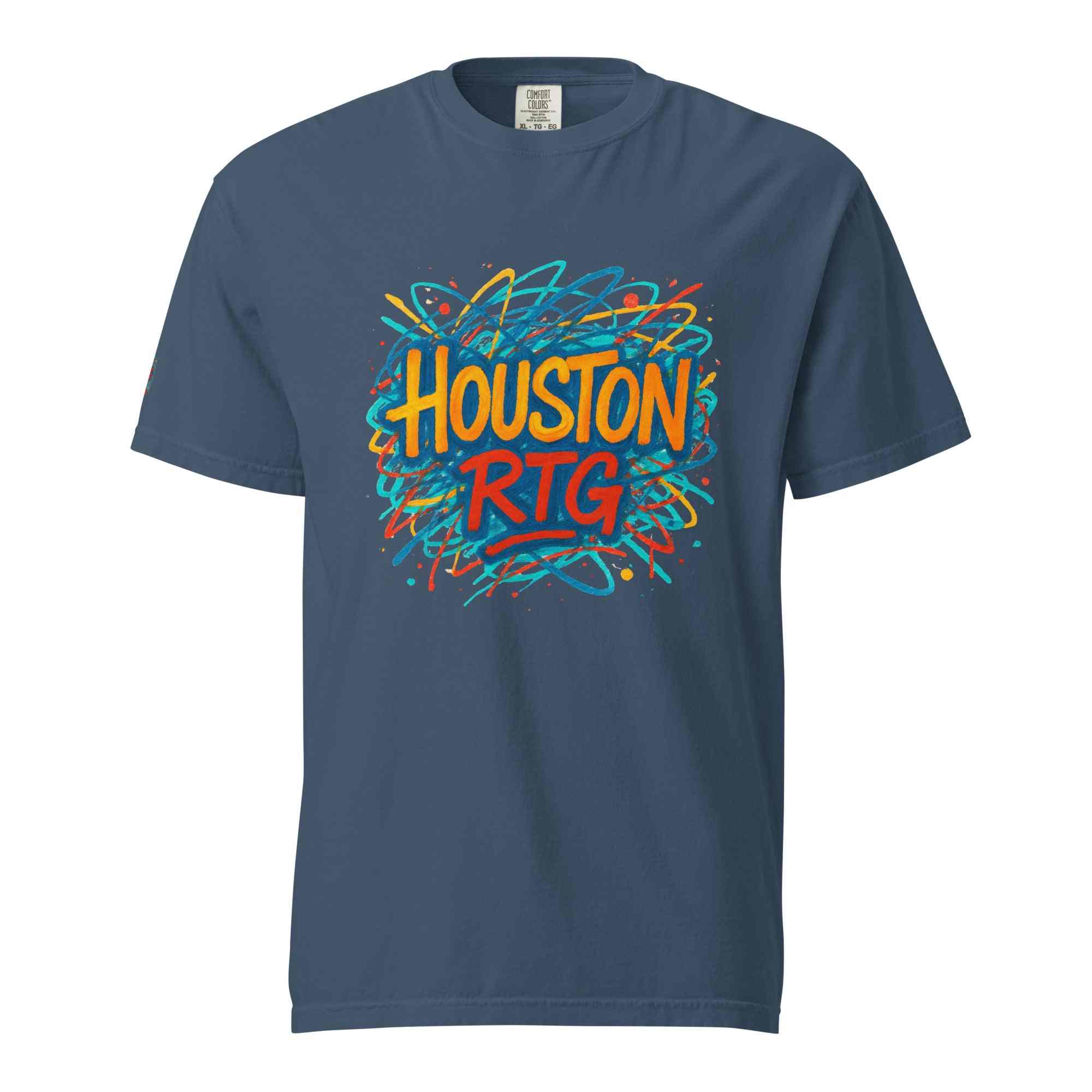 Houston-Unisex garment-dyed heavyweight t-shirt with colorful Houston RTG graphic on navy background