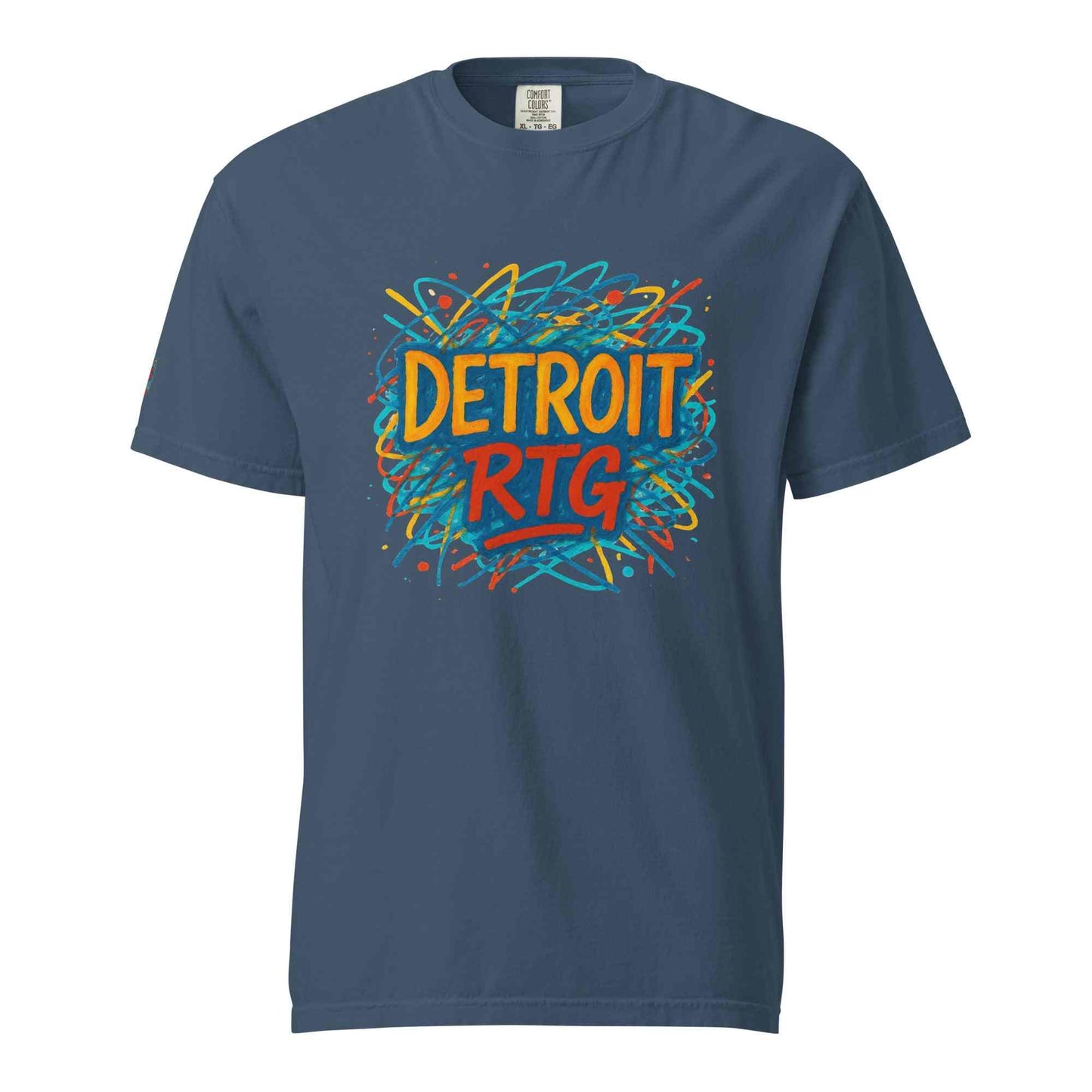 Detroit-Unisex garment-dyed heavyweight unisex t-shirt with colorful Detroit RTG graphic on blue ring-spun cotton fabric
