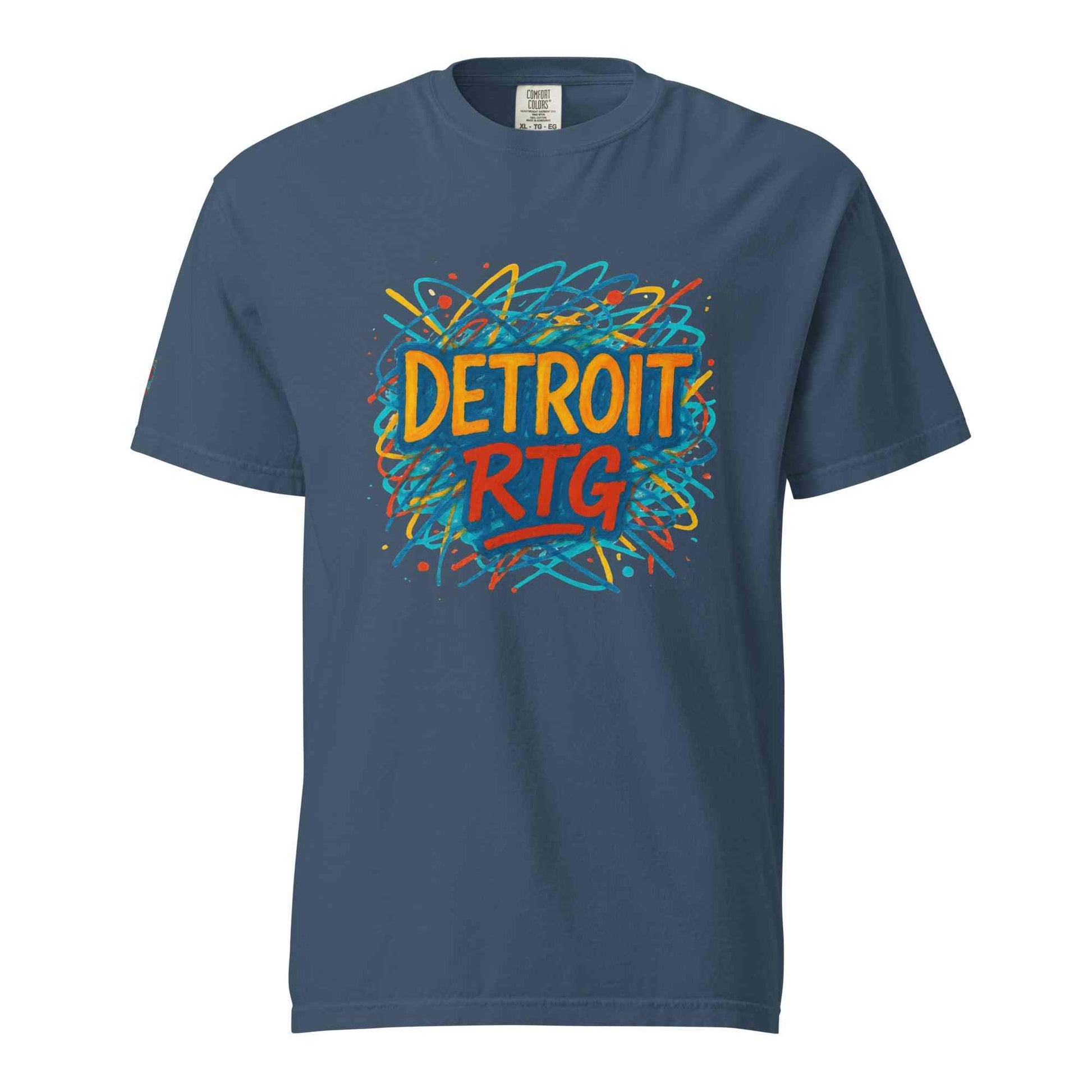 Detroit-Unisex garment-dyed heavyweight unisex t-shirt with colorful Detroit RTG graphic on blue ring-spun cotton fabric