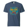 New York City-Unisex garment-dyed heavyweight t-shirt in navy blue with vibrant graphic design