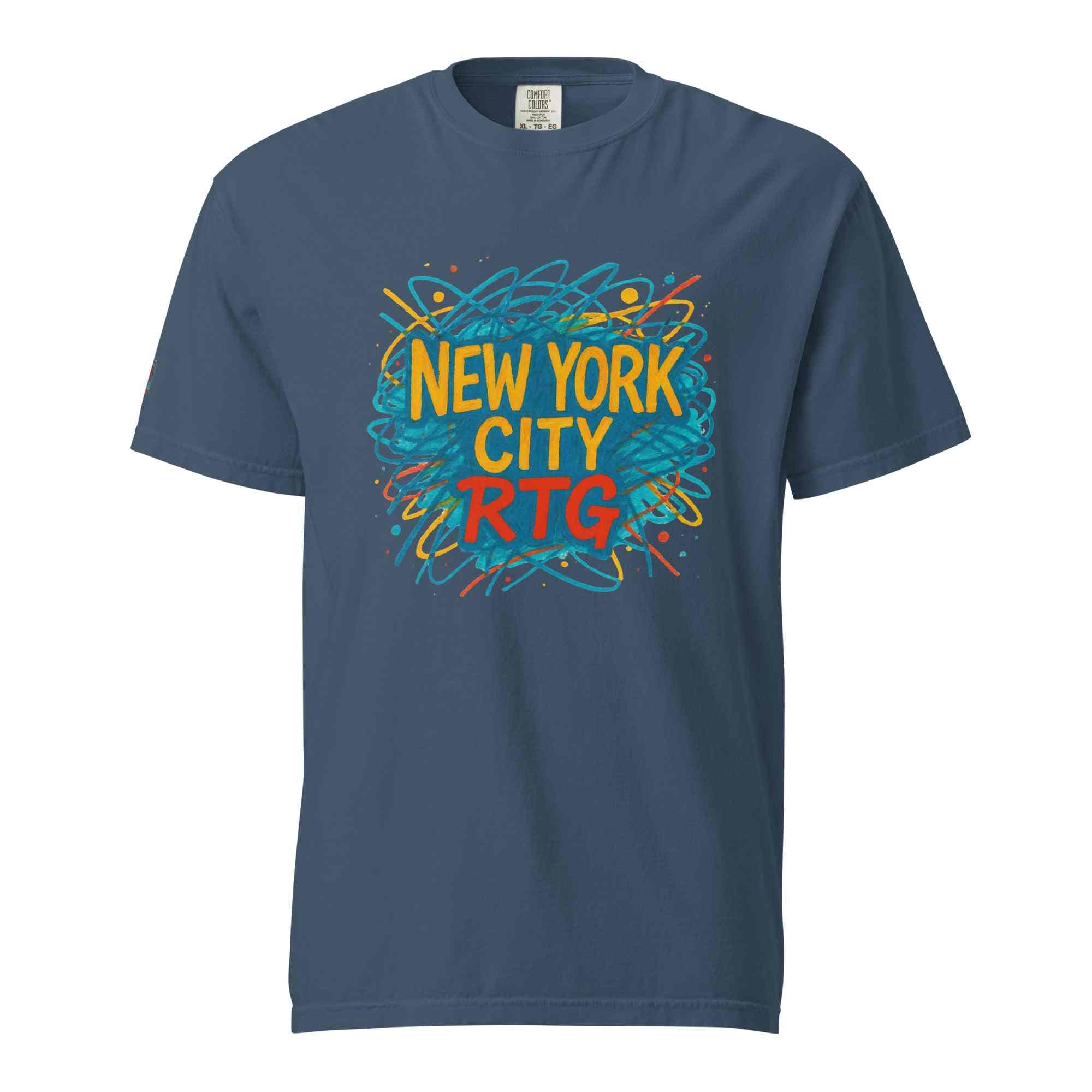 New York City-Unisex garment-dyed heavyweight t-shirt in navy blue with vibrant graphic design