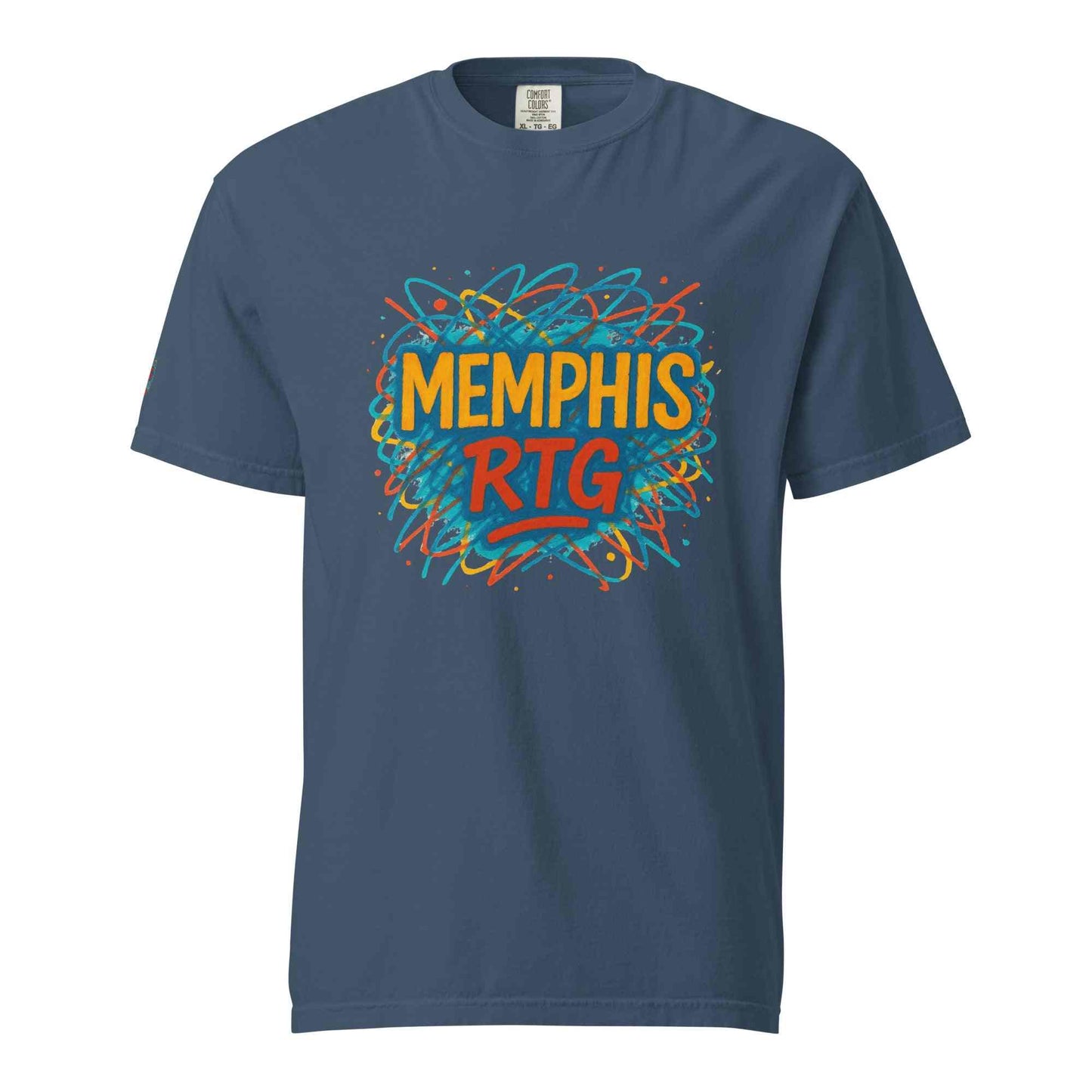 Unisex garment-dyed heavyweight blue t-shirt with colorful Memphis RTG graphic design