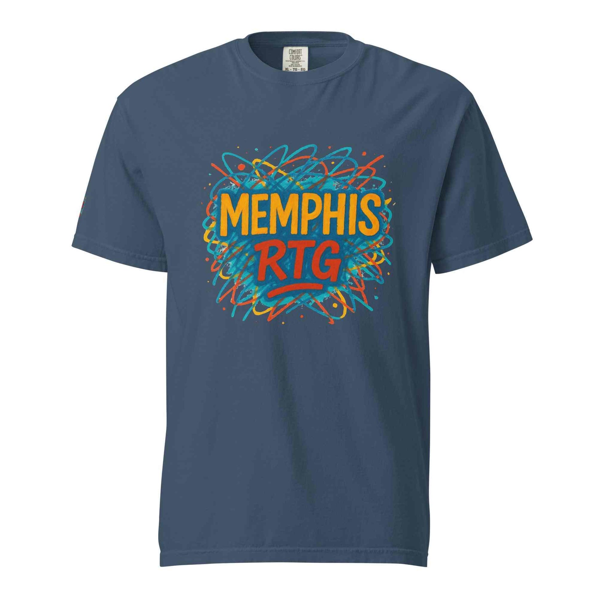 Unisex garment-dyed heavyweight blue t-shirt with colorful Memphis RTG graphic design