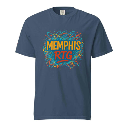 Unisex garment-dyed heavyweight blue t-shirt with colorful Memphis RTG graphic design