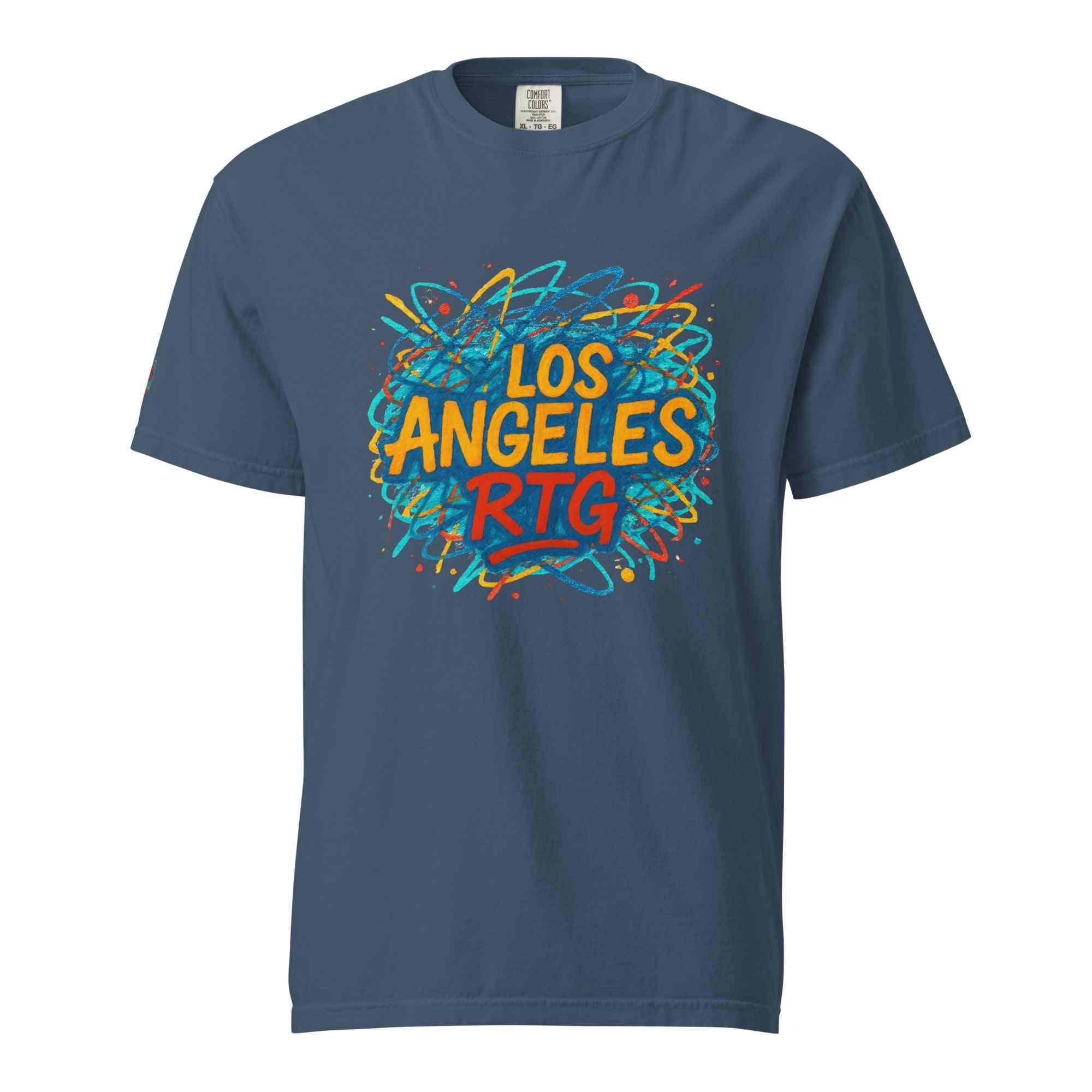 Los Angeles-Unisex garment-dyed heavyweight t-shirt in blue with colorful graphic print and relaxed fit