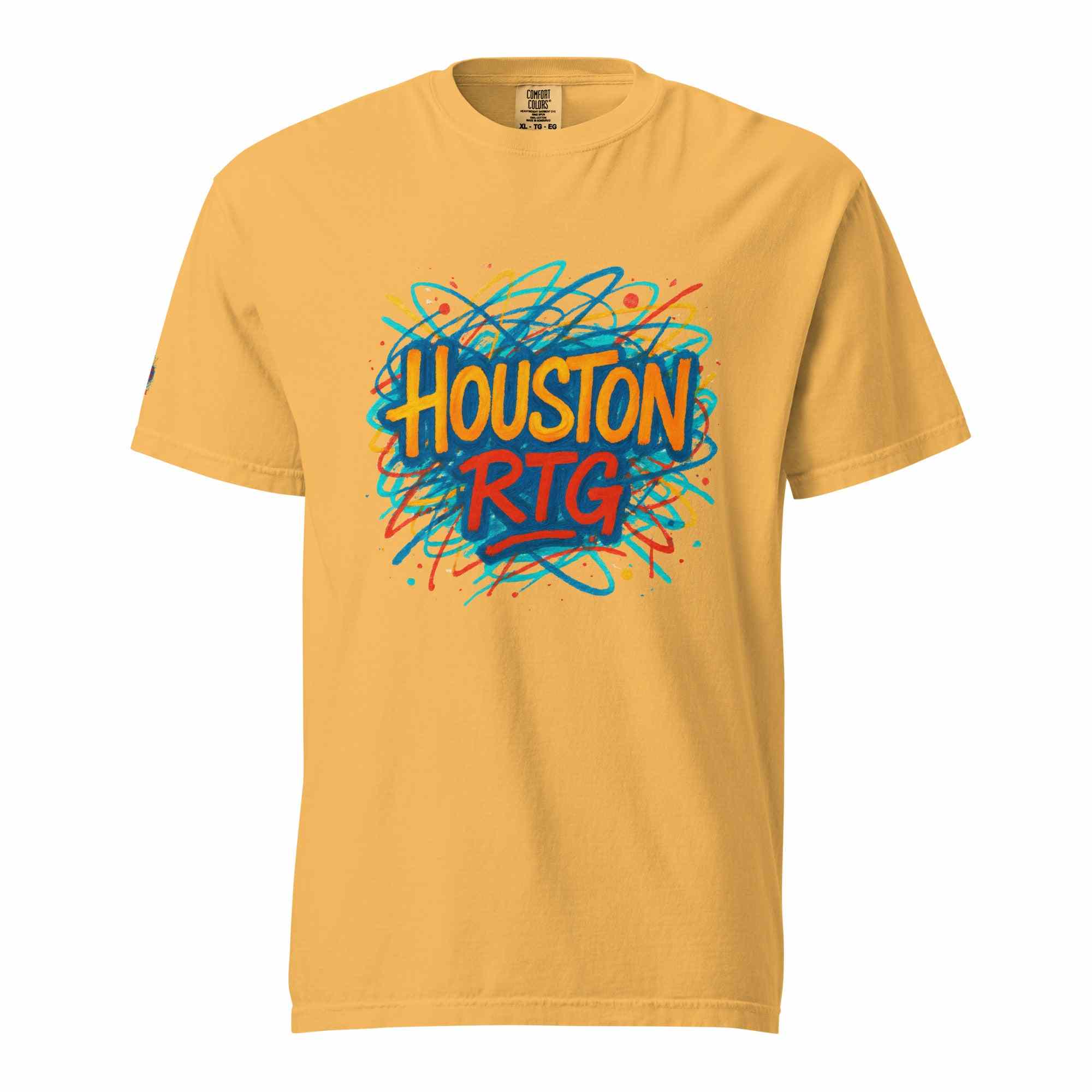 Houston-Unisex garment-dyed heavyweight t-shirt with colorful Houston RTG graphic on mustard background