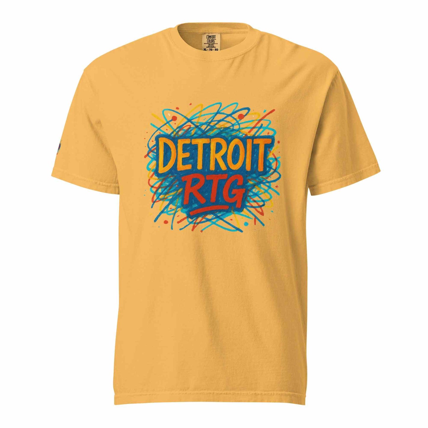 Detroit-Unisex garment-dyed heavyweight t-shirt in mustard with colorful Detroit RTG graphic, 100% ring-spun cotton, breathable and soft fabric.