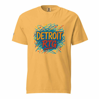 Detroit-Unisex garment-dyed heavyweight t-shirt in mustard with colorful Detroit RTG graphic, 100% ring-spun cotton, breathable and soft fabric.