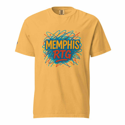 Unisex garment-dyed heavyweight yellow t-shirt with Memphis RTG graphic, 100% ring-spun cotton, relaxed fit, durable double-needle stitching