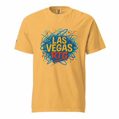 Los Vegas-Unisex garment-dyed heavyweight t-shirt in mustard yellow with colorful graffiti-style logo, 100% ring-spun cotton, relaxed fit.