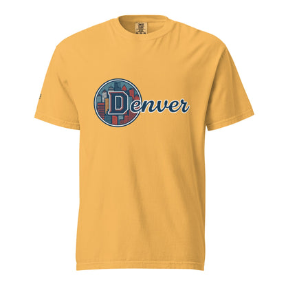 Denver-Unisex garment-dyed heavyweight t-shirt in mustard yellow with Denver city graphic print on front, 100% cotton, relaxed fit