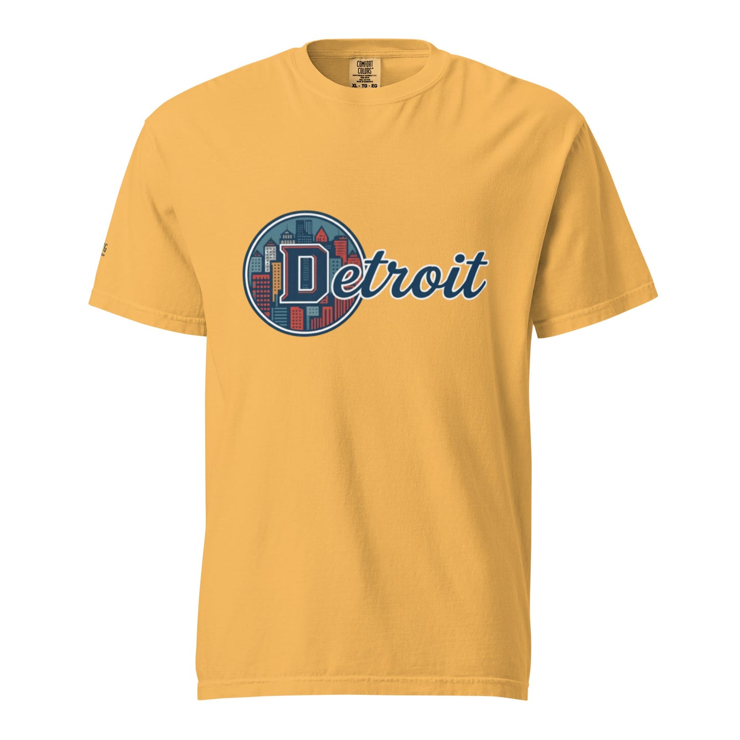 Yellow Detroit-Unisex garment-dyed heavyweight t-shirt with city graphic print, 100% ring-spun cotton, relaxed fit, durable stitching