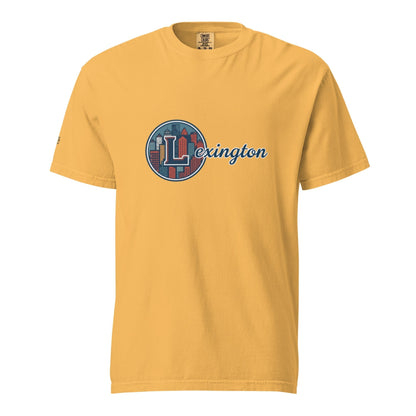 Lexington-Unisex garment-dyed heavyweight yellow t-shirt with graphic logo on front, made of 100% ring-spun cotton, relaxed fit and durable stitching