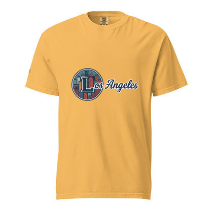 Los Angeles-Unisex garment-dyed heavyweight t-shirt in yellow with cityscape logo, made of 100% ring-spun cotton.